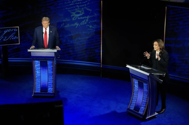 Presidential Race. Former President Donald Trump watches as Vice President Kamala Harris speaks during an ABC News presidential debate at the National Constitution Center in Philadelphia on Sept. 10, 2024. Photo by Alex Brandon, AP Photo