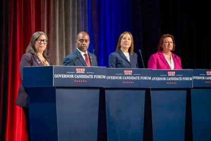 California Governor. Left to right, former state Controller Betty Yee, state Superintendent of Public Instruction Tony Thurmond, Lt. Gov. Eleni Kounalakis and state Sen. Toni Atkins during a governor candidate forum hosted by the National Union of Healthcare Workers and the Los Angeles Times in San Francisco on Sept. 29, 2024. Credit: Photo courtesy of Karna Roa, NUHW