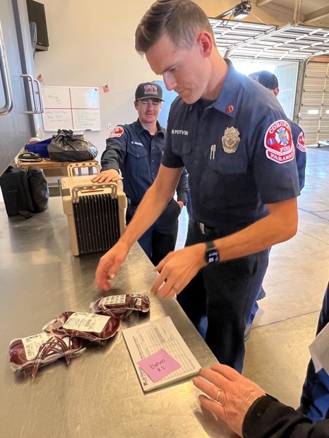 Medic Squad 1 and Medic Squad 3 are now equipped with “mini blood banks,” coolers containing blood transfer bags with Type O blood for in-field trauma patients suffering hemorrhagic shock from trauma. Credit: Corona FD