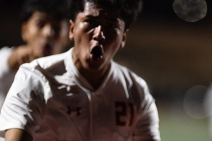 In a Big VIII League game, Corona High's Johan Trujillo celebrates his goal in a 4-2 win at Corona Centennial. Credit: Photo by Jerry Soifer