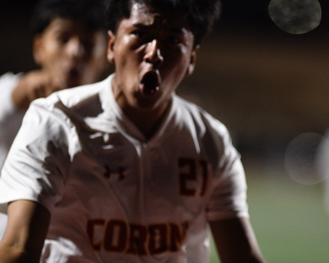 In a Big VIII League game, Corona High's Johan Trujillo celebrates his goal in a 4-2 win at Corona Centennial. Credit: Photo by Jerry Soifer