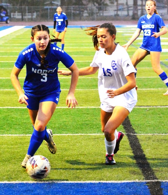 Norco’s Emmalee Snow (3) tries to dribble past Culver City’s Melina Antonio (15) during the Centaurs 3 – 2 victory over the Cougars in the CIF Division 3 playoffs.  Audrina Ponce (2) and Jaelynn Rugg (23) watch the action.
Credit: Photo by Gary Evans
