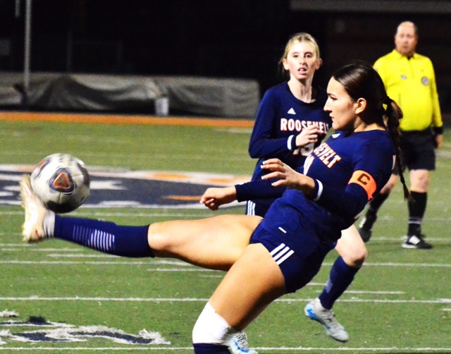 Eastvale Roosevelt’s Siena Salazar (10) starts a bicycle kick on goal against Westlake while teammate Avery Mendez (19) watches.  The Warriors defeated the Mustangs 2 – 0 in the CIF playoffs.
Credit: Photo by Gary Evans
