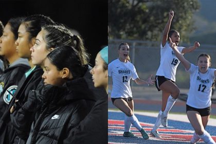 Agony of Defeat, meet the Thrill of Victory! What a difference a week makes. On the left, Santiago girl's soccer players look on glumly Saturday, March 1, as the Sharks went down to defeat 4-2 in the CIF Sectional Open Division Championship match against defending champ Santa Margarita High. But on Saturday, March 8th, right, the Sharks had a last bite, toppling the same Santa Margarita Eagles in a shootout to capture the CIF Regional title. Photos by Jerry Soifer