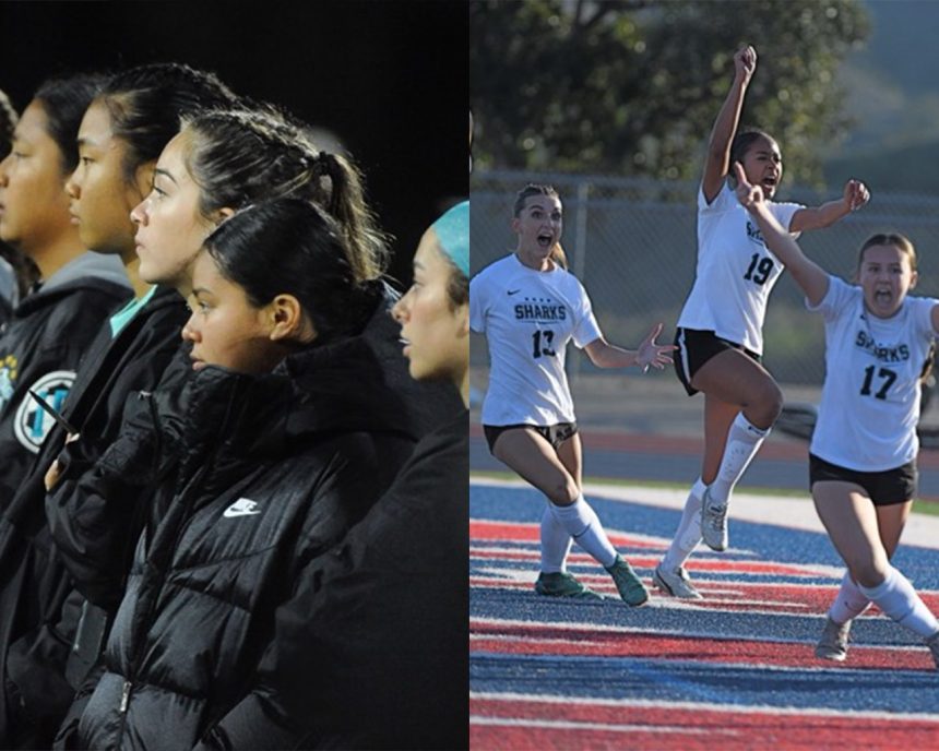 Agony of Defeat, meet the Thrill of Victory! What a difference a week makes. On the left, Santiago girl's soccer players look on glumly Saturday, March 1, as the Sharks went down to defeat 4-2 in the CIF Sectional Open Division Championship match against defending champ Santa Margarita High. But on Saturday, March 8th, right, the Sharks had a last bite, toppling the same Santa Margarita Eagles in a shootout to capture the CIF Regional title. Photos by Jerry Soifer