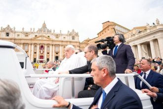 Pope Francis tours St. Peter's Square in his popemobile after bestowing the Urbi et Orbi (Latin for to the city and to the world) blessing at the end of the Easter mass presided over by Cardinal Angelo Comastri in St. Peter's Square at the Vatican on Easter Sunday. Credit: AP Photo/Andrew Medichini
