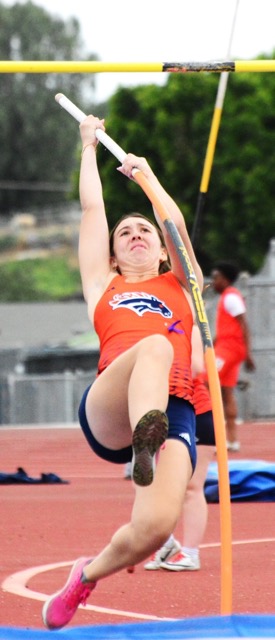 Roosevelt’s Lucy Munoz takes off on the pole vault during the track meet at Norco. 
Credit: Photo by Gary Evans
