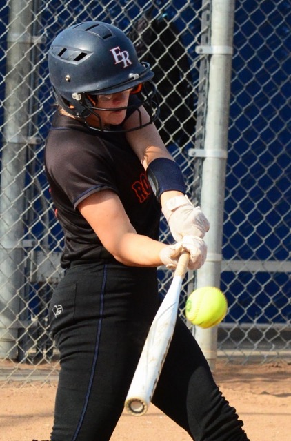 Eastvale Roosevelt’s Katie Ruffer blasts a double to right centerfield against Norco.  The Cougars defeated the Mustangs 3 – 0.  
Credit: Photo by Gary Evans
