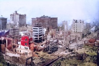 April 18 . San Francisco Earthquake of 1906: Ruins in vicinity of Post and Grant Avenue. Looking northeast. Credit: National Archives and Records Administration