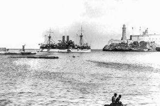 April 25. The battleship Maine entering Havana Bay. It later sank due to an explosion killing 266 servicemen. It was disputed whether or not Spain was responsible.