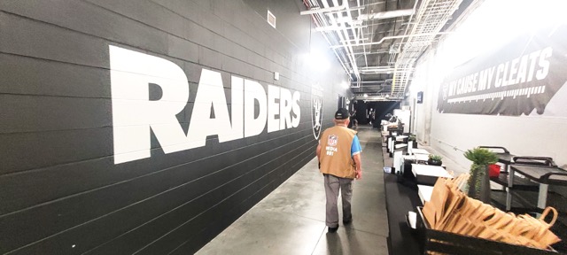 Jerry Soifer walking in the Las Vegas Raiders tunnel at Allegiant Stadium, while covering the Raiders game versus the Green Bay Packers on October 12, 2023.