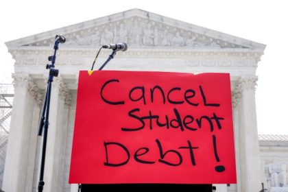A sign reading "cancel student debt" is seen outside the Supreme Court, June 30, 2023, in Washington. Credit: AP Photo/Mariam Zuhaib