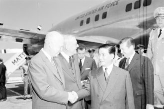 June 13. U.S. President Dwight D. Eisenhower greets South Vietnam's President Ngo Dinh Diem, whose rise to power was backed by the United States, according to the Pentagon Papers. In a U-turn, the US was then complicit in his assassination in 1963 during the South Vietnamese Coup.  Credit: Department of Defense