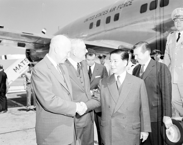 June 13. U.S. President Dwight D. Eisenhower greets South Vietnam's President Ngo Dinh Diem, whose rise to power was backed by the United States, according to the Pentagon Papers. In a U-turn, the US was then complicit in his assassination in 1963 during the South Vietnamese Coup.  Credit: Department of Defense