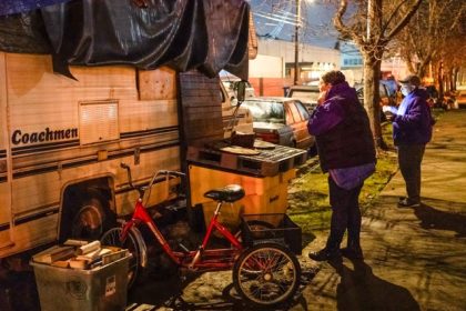 Fewer Unhoused. Andrea Zeppa and Deidra Perry team up during Alameda County’s 2024 point-in-time count in Berkeley, on Jan. 25, 2024. Unhoused. Credit:  Photo by Loren Elliott for CalMatters