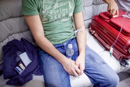 IV Therapy. A patient is hooked up to an IV for a hangover treatment in Las Vegas on Sunday, April 15, 2012.  Credit: AP/ Julie Jacobson