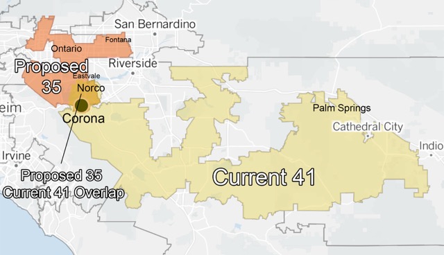 New Congressional Districts. The proposed map dramatically alters Rep. Ken Calvertʻs current 41st district, essentially leaving only Corona and Norco in place, sending the district in a completely different, more densely populated direction. It would take on much of the current 35th district (and designated as such), currently represented by Democrat Norma Torres, including Eastvale.