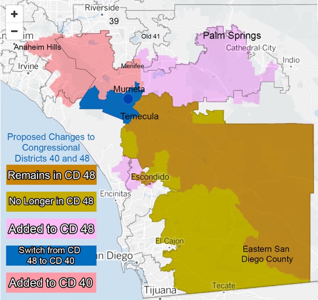 New Congressional Districts. D 48 is currently represented by Republican Darrel Issa, whose political base is San Diego. The proposed CD 48 lops off much of San Diego County (shown in green) while maintaining the brown further east and north. The purple areas would be added to the 48th, extending into the Coachella Valley to Palm Springs. CD 40, currently held by Republican Young Kim, would gain the blue area, currently in colleague Issaʻs district. And it would extend north in the pink area, currently in colleague Calvertʻs 41st district.