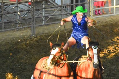 Austin Singley, the Green Hat Clown, performs Sunday afternoon at the Norco Mounted Posse PRCA Rodeo.