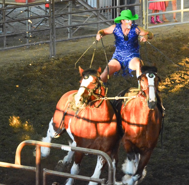 Austin Singley, the Green Hat Clown, performs Sunday afternoon at the Norco Mounted Posse PRCA Rodeo.