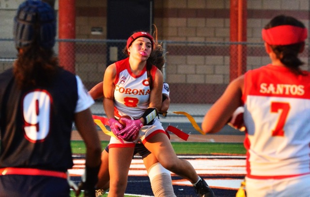 Corona’s Isabella Acosta (8) catches the game-tying touchdown pass against Riverside King.  Down 12-0, the Panthers’ two-point conversion sealed a come-from-behind 14 – 12 win over the Wolves. 