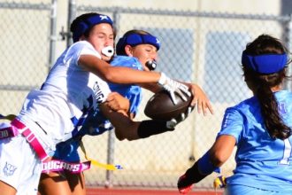 Beaumont’s Capris Capote (32 left) and Norco’s Jadyn Killen (7 center) battle for a pass as Noemi Rodriguez (1 right) watches the play.