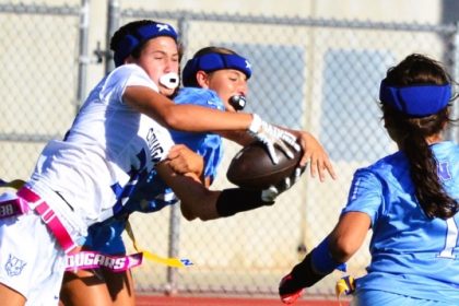 Beaumont’s Capris Capote (32 left) and Norco’s Jadyn Killen (7 center) battle for a pass as Noemi Rodriguez (1 right) watches the play.