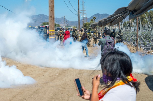 Immigration Raids. Federal immigration agents toss tear gas at protesters during a raid in the agriculture area of Camarillo, Calif., Thursday, July 10, 2025. 

Credit: AP Photo/Michael Owen Baker