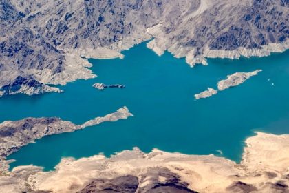 Colorado River. Colorado River, Aerial view of Boulder Basin, the northwestern arm of Lake Mead, shows the bathtub ring, indicator of long-term water loss, between Boulder City, Nevada, and the Las Vegas metropolitan area on July 3, 2025. 