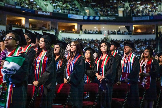 Skipping College. Graduating students take their seats at the Fresno State Chicano/Latino Commencement Celebration in the Save Mart Center in Fresno on May 18, 2024.  Credit: Photo by Larry Valenzuela, CalMatters/CatchLight Local