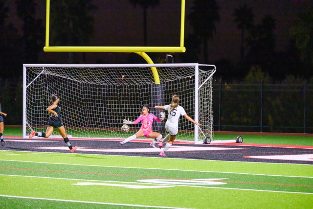 Goalkeeper Kimberly Estrada is unable to stop the shot as Mt. Sac scores another goal. 