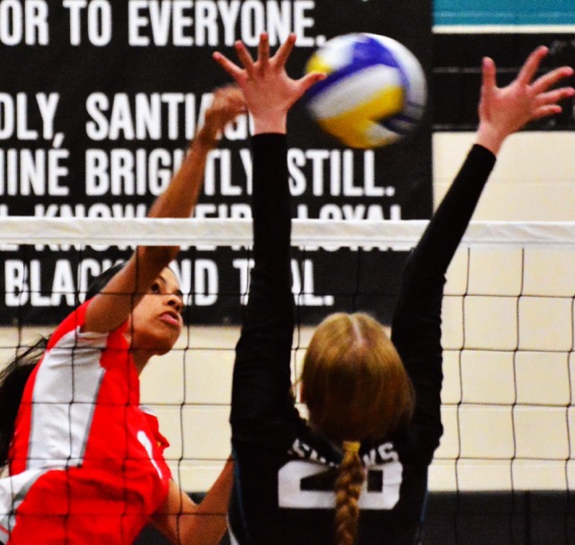 Corona’s Linniah Ballou (8) blasts a shot past Santiago’s Taylor Klatt (26) as the Sharks swept to a 3-0 victory over the Panthers.