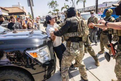 Roving Patrols. A person is detained as clashes break out after U.S. Customs and Border Protection (CBP) officers attempted to raid a store in Bell, just south of Los Angeles, on June 20, 2025.  Credit: Photo by Etienne Laurent, AFP via Getty Images