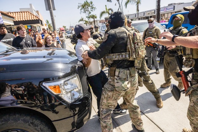 Roving Patrols. A person is detained as clashes break out after U.S. Customs and Border Protection (CBP) officers attempted to raid a store in Bell, just south of Los Angeles, on June 20, 2025.  Credit: Photo by Etienne Laurent, AFP via Getty Images