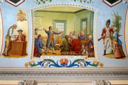 September 5. Delegates from twelve of the thirteen colonies that would ultimately join in the American Revolutionary War met from September 5 to October 26, 1774 at Carpenter's Hall in Philadelphia to discuss responses to increased British oppression. This convention, the First Continental Congress, formally declared that colonists should have the same rights as Englishmen; they also agreed to form the Continental Association, which called for the suspension of trade with Great Britain. The mural depicts an oration by Patrick Henry in Carpenters' Hall.  Credit: Architect of the Capitol