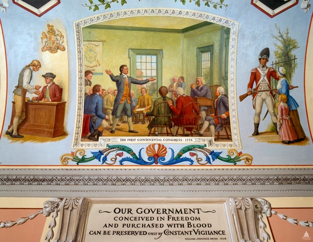 September 5. Delegates from twelve of the thirteen colonies that would ultimately join in the American Revolutionary War met from September 5 to October 26, 1774 at Carpenter's Hall in Philadelphia to discuss responses to increased British oppression. This convention, the First Continental Congress, formally declared that colonists should have the same rights as Englishmen; they also agreed to form the Continental Association, which called for the suspension of trade with Great Britain. The mural depicts an oration by Patrick Henry in Carpenters' Hall.  Credit: Architect of the Capitol