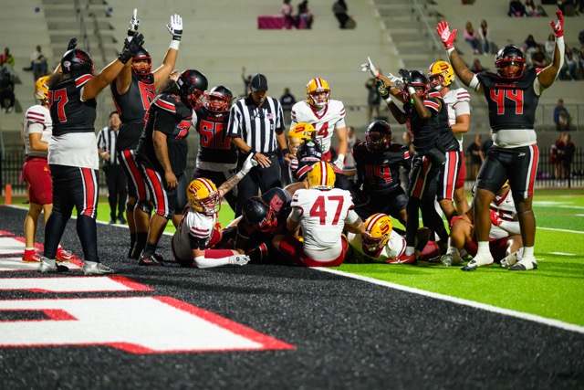 The Mt. San Jacinto College Eagles fell short in their homecoming game against #11 Saddleback College, 24-13. MSJC Offense celebrates a touchdown on a 2 yard play. 