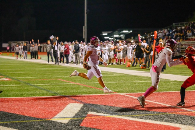Rancho Buena Vista RB #0 Kaipo Gutierrez is untouched as he runs in a TD from within 5 yards
