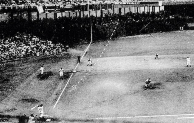October 3. Bobby Thompson launches the pennant winning homerun to the short leftfield bleacher at the Polo Grounds to send the Giants to the world series against the Yankees. The Giants lost in 6 games. The dashed line roughly approximates the trajectory of the home run.