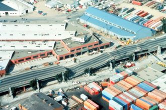 October 17. Caption: The 1989 Loma Prieta earthquake collapsed sections of the Cypress Viaduct of Interstate 880.  Credit: H.G. Wilshire, U.S. Geological Survey