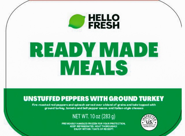 Hello Fresh. This image provided by U.S. Agriculture Department shows Hello Fresh Ready Made Meals Unstuffed Peppers with Ground Turkey, where Federal health officials late Monday, Oct. 6, 2025, warned people not to eat certain subscription meal kits containing spinach that may be contaminated with listeria and identified with Est. P-47718 and lot codes 50069, 50073 or 50698. Credit: U.S. Agriculture Department via AP