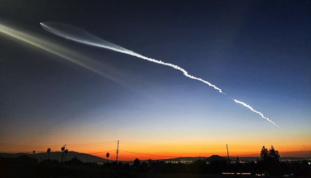 A SpaceX Falcon 9 rocket launched from Vandenberg AFB early Sunday evening, visible in the dusk sky throughout the Inland Empire. 
Credit: Photo by Gary Evans
