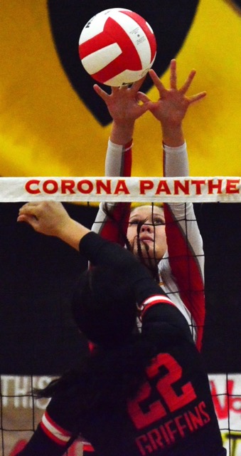 Corona’s Zoe Durham (12) tries to block a shot by Buckley’s Melani Yakhi (22).  The Panthers defeated the Griffins 3 to 1 in the first round of the CIF playoffs. 
Credit: Photo by Gary Evans
