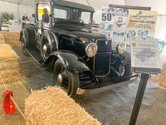 Old tractors and trucks were displayed inside the agricultural tent. The black 1934 Ford pickup truck owned by the Motte family, one of the oldest families in Perris Valley.