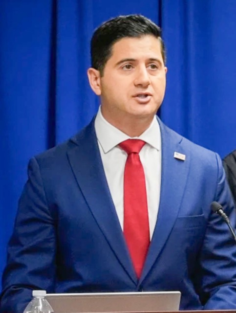 Acting U.S. Attorney Bill Essayli, during a news conference announcing an arrest made in the Palisades Fire, earlier this month..  Credit: AP Photo/Damian Dovarganes