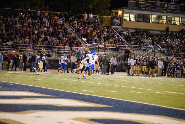 Vista Murrieta’s Abel Brown (3) snags an interception on a floated pass intended for Norco’s Blake Wong (5).