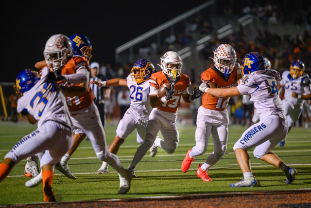 Featured Photos 11-14-2025 . Orange Vista #13 Zayshawn Washington has great blocking on his way to find the endzone. Z. Washington finished the game with 7 catches for 73 yards and 2 touchdowns. The Orange Vista Coyotes made a statement in their first game of the D6 playoffs knocking off the El Toro Chargers 50-31. The next play the Agoura Chargers tonight at home, 7pm.