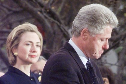 December 19. President Clinton makes a statement as first lady Hillary Rodham Clinton looks on at the White House, Saturday, Dec. 19, 1998 thanking those Democratic members of the House of Representatives who voted against impeachment and vowing to complete his term.  Credit: AP Photo/Susan Walsh