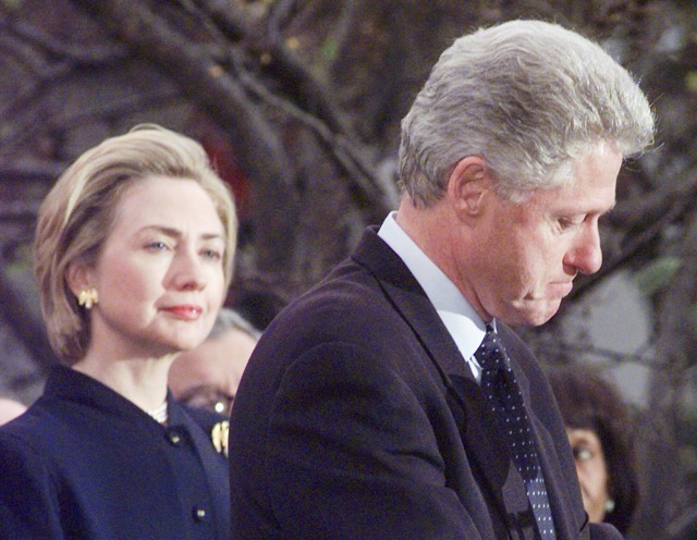 December 19. President Clinton makes a statement as first lady Hillary Rodham Clinton looks on at the White House, Saturday, Dec. 19, 1998 thanking those Democratic members of the House of Representatives who voted against impeachment and vowing to complete his term.  Credit: AP Photo/Susan Walsh