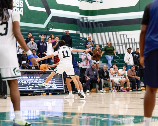 Panthers #11 Aiden Perez plays tough defense late in the 4th quarter to try and cut in to the 3 point lead